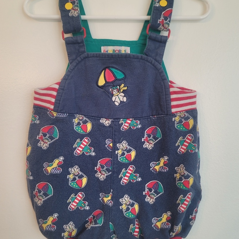 Vintage Rainbow Gymboree Blue Overalls with Bear and Aviation Print